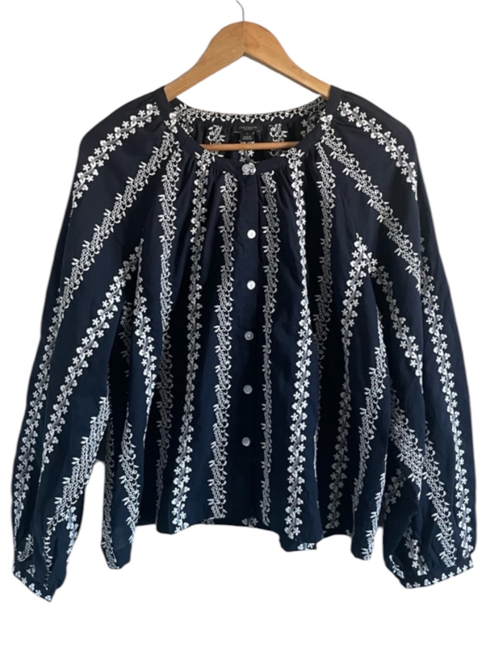 Ann Taylor Navy Blue Button-Front Embroidered Peasant Blouse